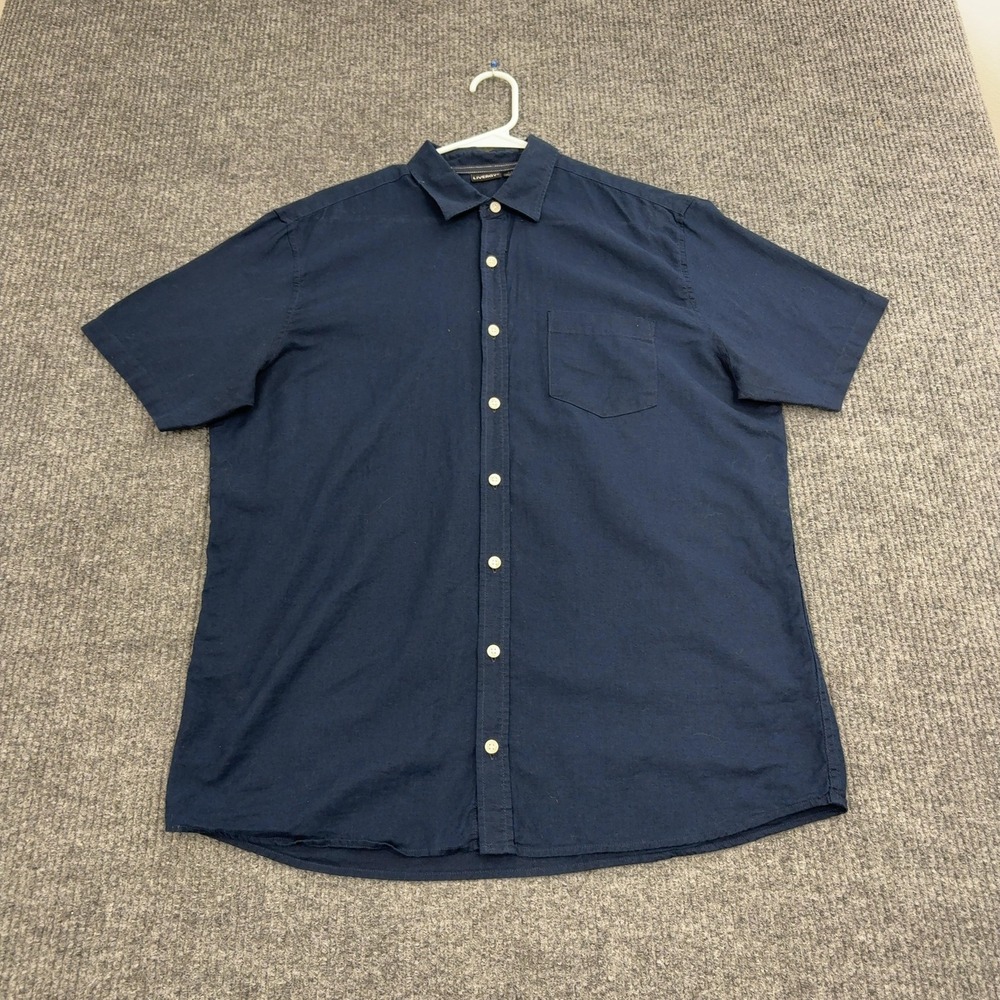 LIVERGY Button Up Shirt Mens L Navy Blue Linen Blend Short Sleeve Casual Summer